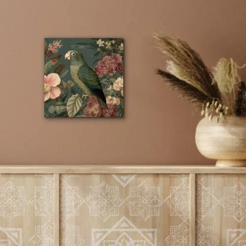 Groene papegaai - Kleurrijke bloemen - Donkere achtergrond aluminium wit klein -sfeer4