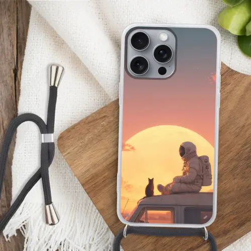 Busje - Kat - Zonsondergang - Oranje Hoesje iPhone 16 Pro Max met koord klein -sfeer4