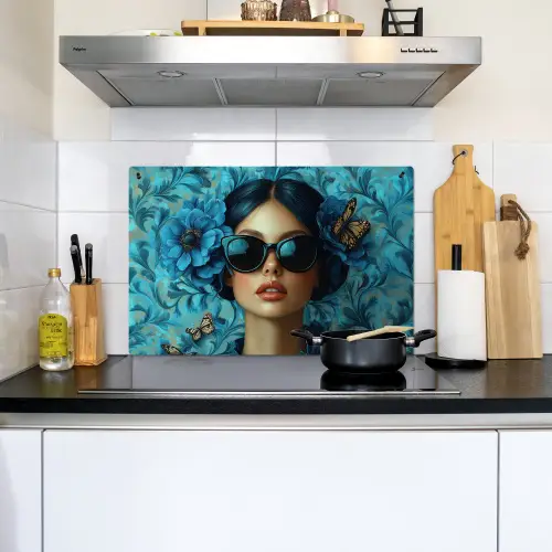Vrouw - Bloemen - Vlinders - Blauw - Abstract Inductie beschemer met haakjes klein -sfeer2