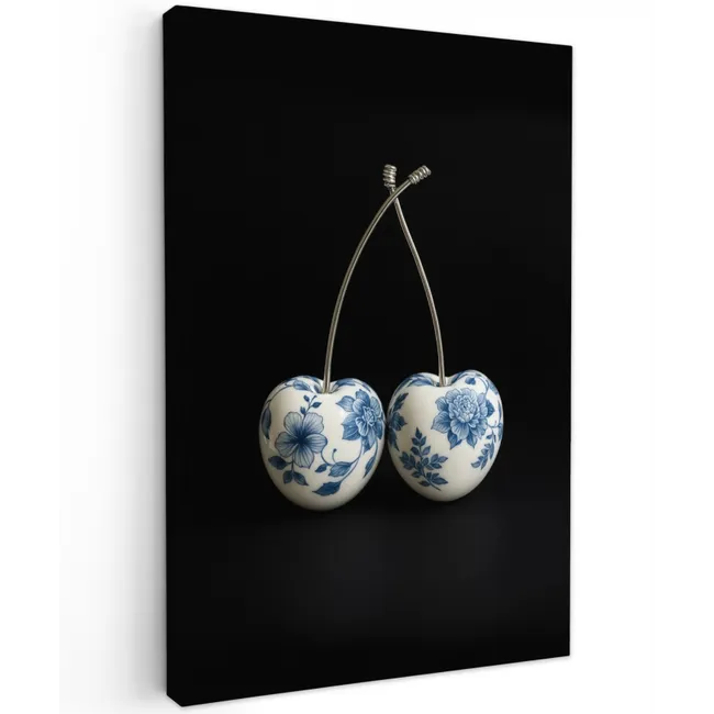 Kersen - Delfts blauw - Fruit Tuinposter op houten frame 2 cm dik klein -3d