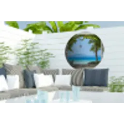 Doorkijk - Boom - Zee - Palmboom - Heuvels - Strand - Blauw Wandcirkel tuinposter met ringen klein -buiten2