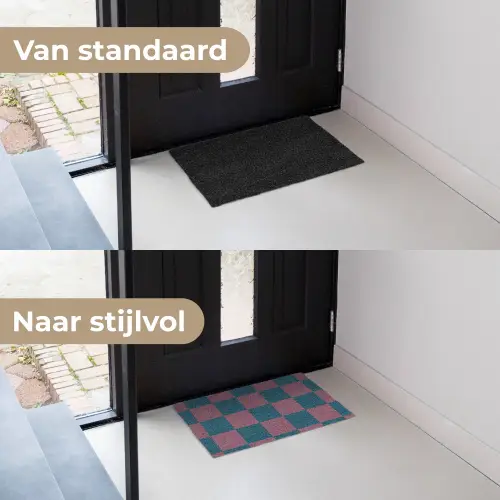 Schaakbord print - Blauw - Rood - Blokjes Deurmat klein -voor-na_NL
