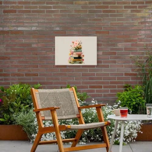 Boeken - Stapel - Bloemen - Kleurrijk Tuinposter op houten frame 2 cm dik klein -sfeer3