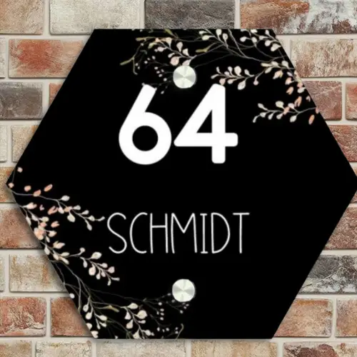 Botanisch - Zwart - Modern Naambord Hexagon klein -sfeer2