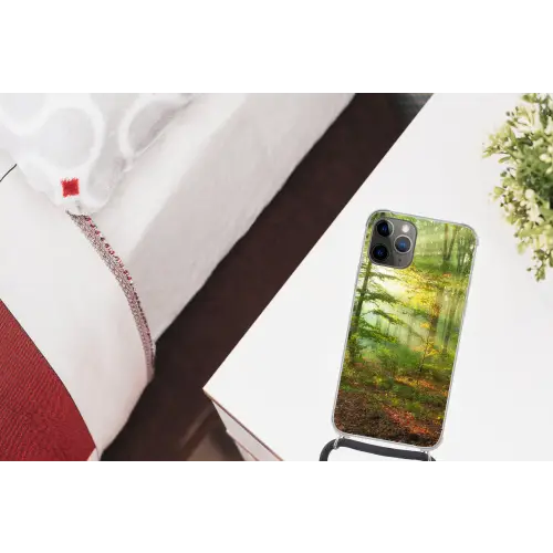 Zon - Bos - boom - Natuur - Herfst Hoesje iPhone 12 Pro met koord klein -kamer