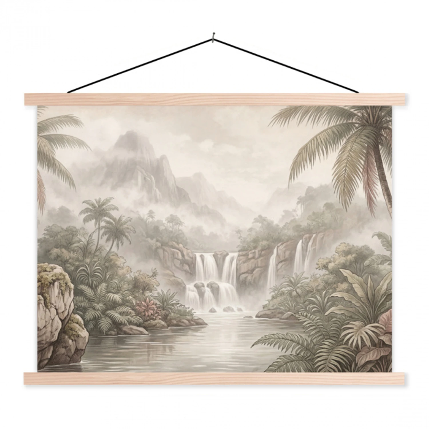 Jungle - Watervallen - Tropisch - Illustratie textielposter latten blank klein -3d