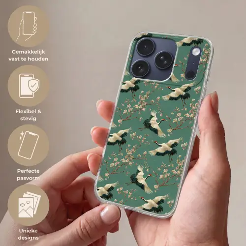 Kersenbloesem - Kraamvogels - Groen Telefoonhoesje iPhone 17 Pro klein 878 -sfeer3_NL