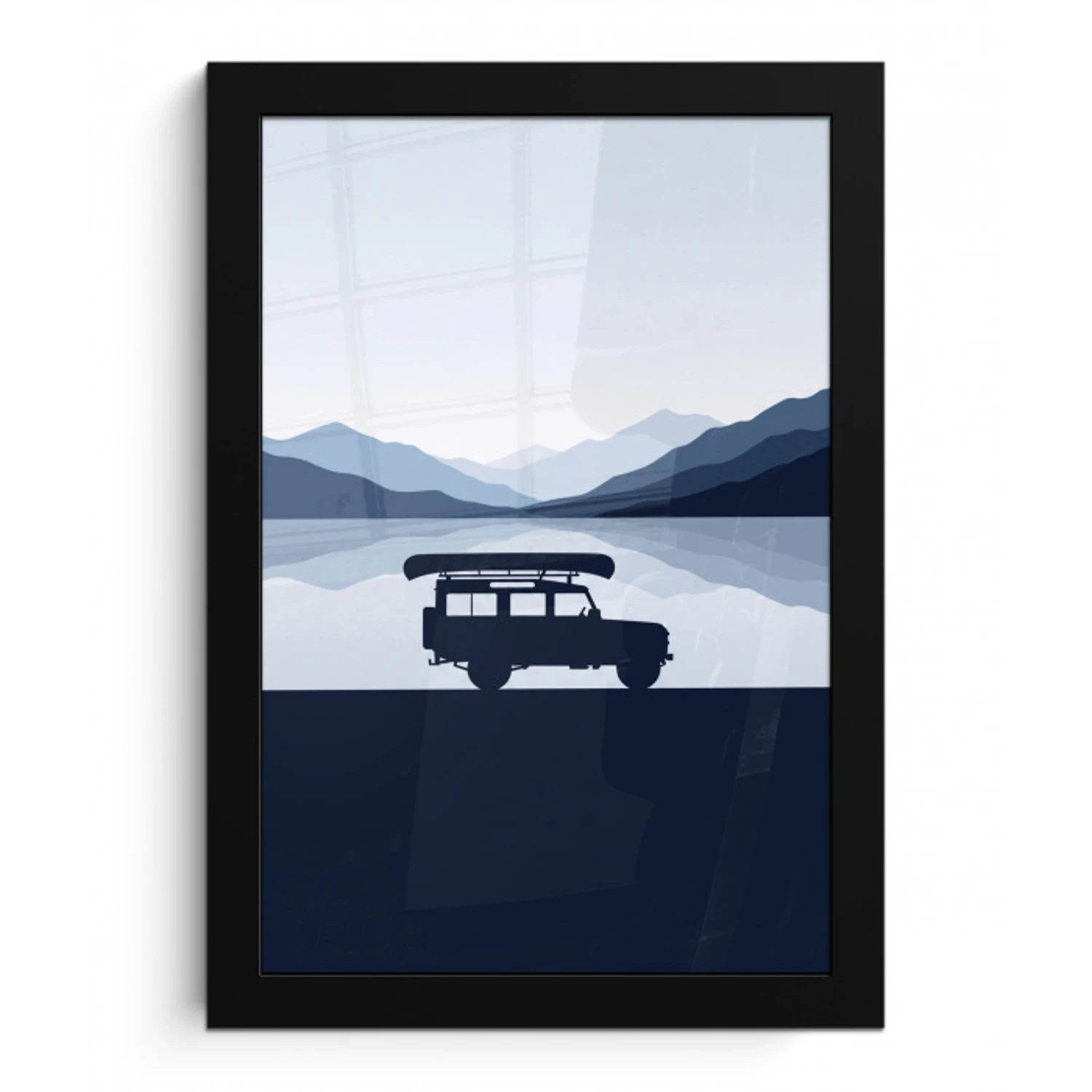 Auto - Meer - Bergen - Blauw fotolijst zwart zonder passe partout klein -3d