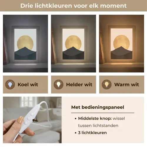 Bergsilhouetten - Gouden cirkel - Beige Light Box met kabel (Tafellamp) klein -USP_lichtkleurNL