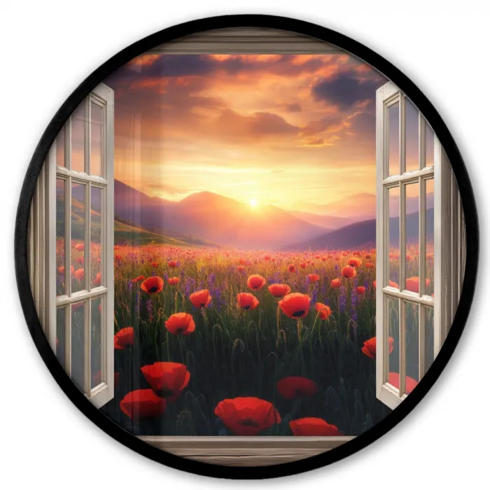 Doorkijk - Klaprozen - Bloemen - Rood - Open raam Fotolijst rond zonder passe partout klein -3d