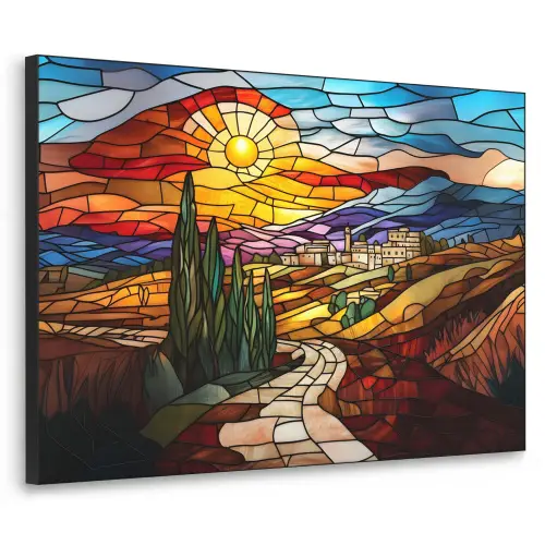 Mozaïek - Zon - Landschap - Dorp Textielframe zwart klein -3d