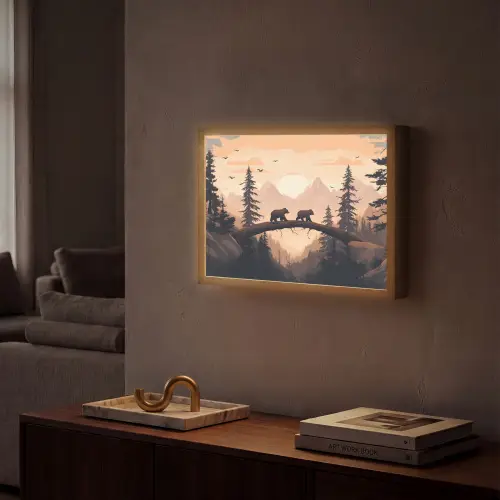 Beren - Bomen - Landschap - Zonsondergang Light Box met batterij (Wandlamp) middel -sfeer1