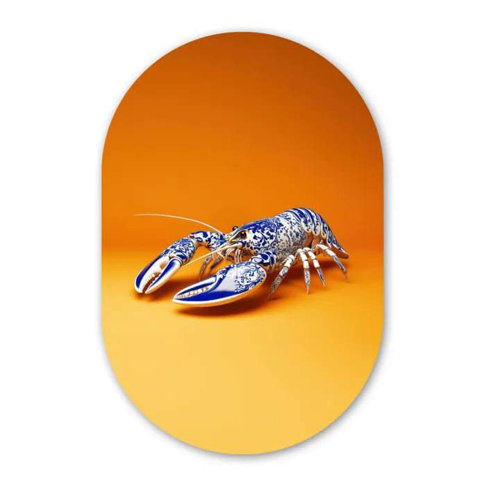 Kreeft - Delftsblauw - Schild - Stoer - Oranje Wandcirkel Ovaal Glas middel -3d