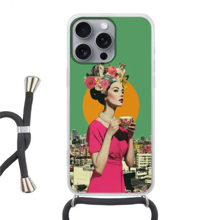 Retro - Vrouw - Stad - Zon Hoesje iPhone 16 Pro Max met koord klein -3d