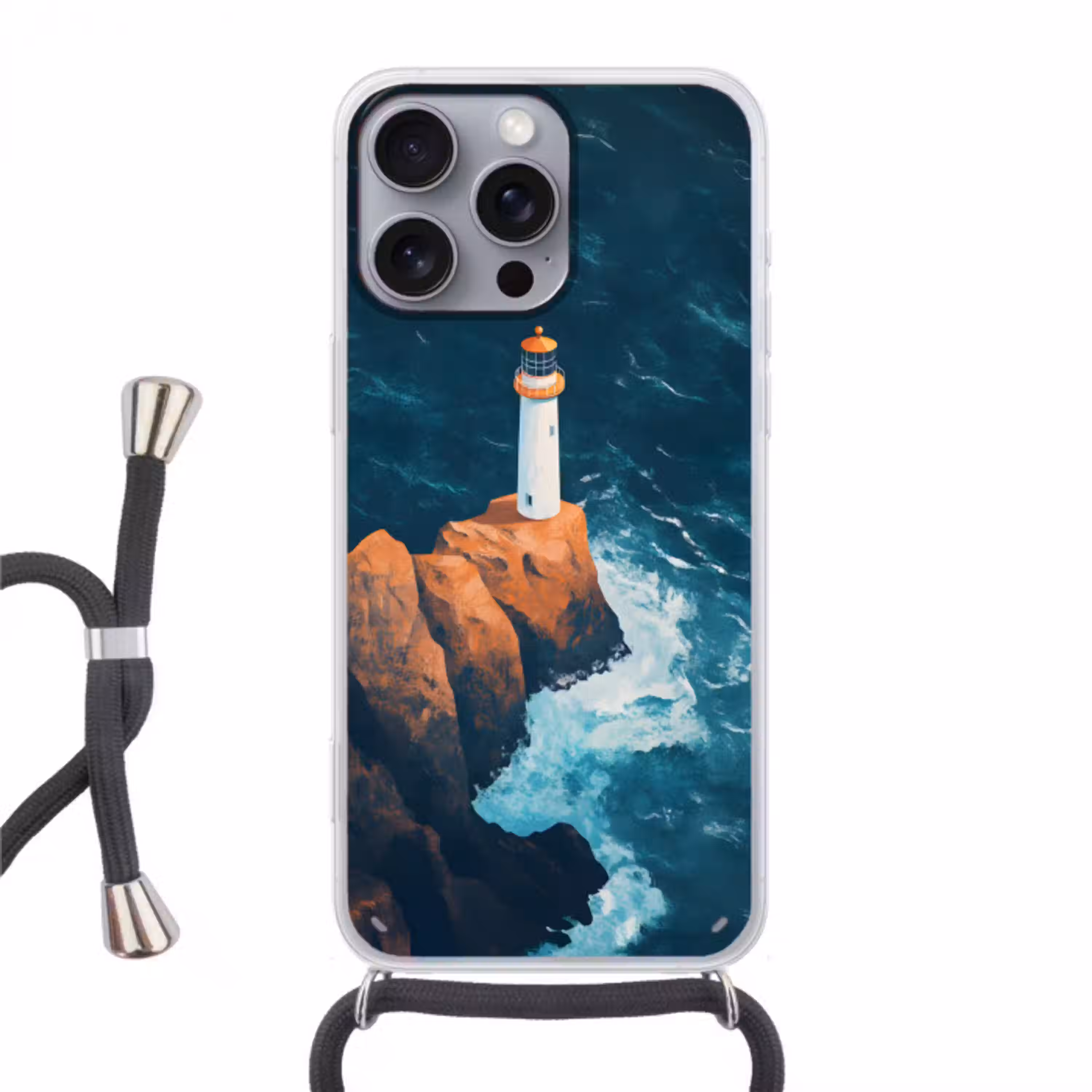 Vuurtoren - Rots - Zee - Golven Hoesje iPhone 16 Pro Max met koord klein -3d