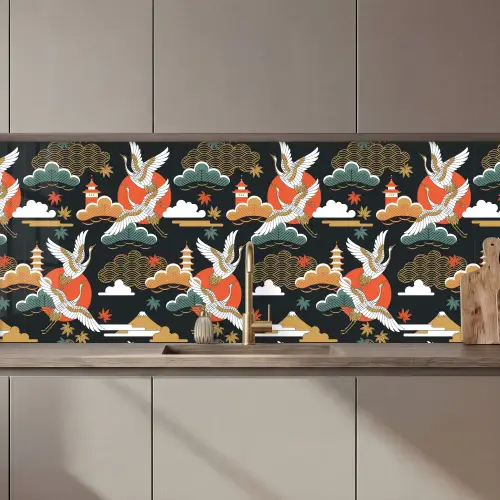 Kraanvogel - Wolken - Japan - Patroon keuken achterwand 2 middel 871 zz_3dshopping