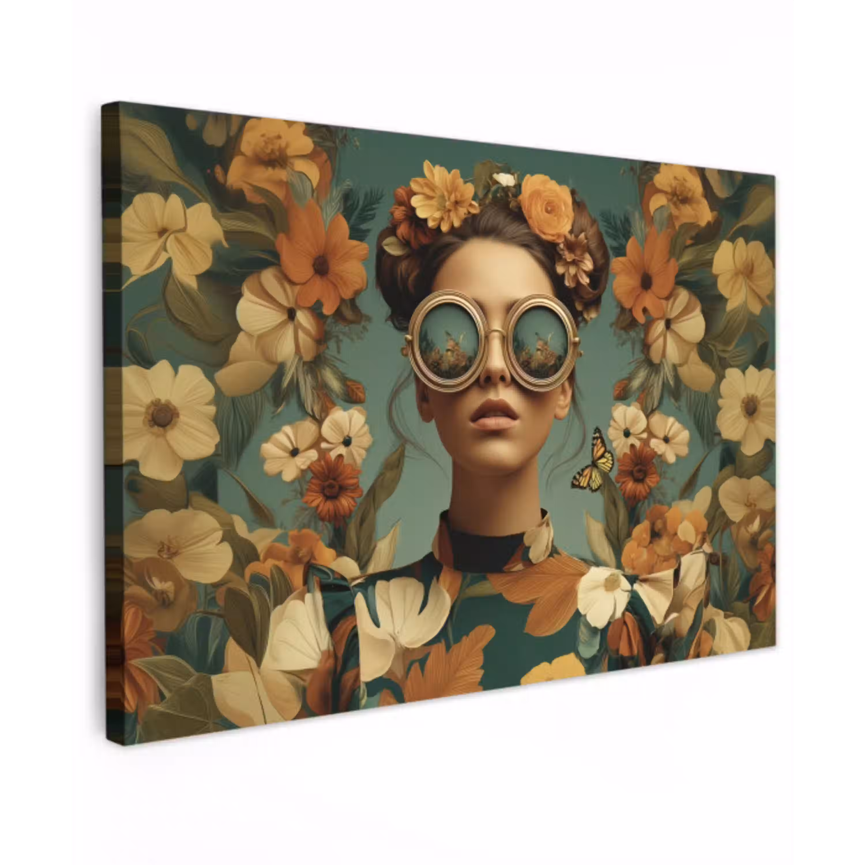 Bloemenkrans - Vrouwengezicht - Zonnebril - Oranje canvas 2cm klein -z3d