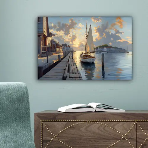 Zeilboot - Zon - Pier - Hout canvas 2cm klein -sfeer4