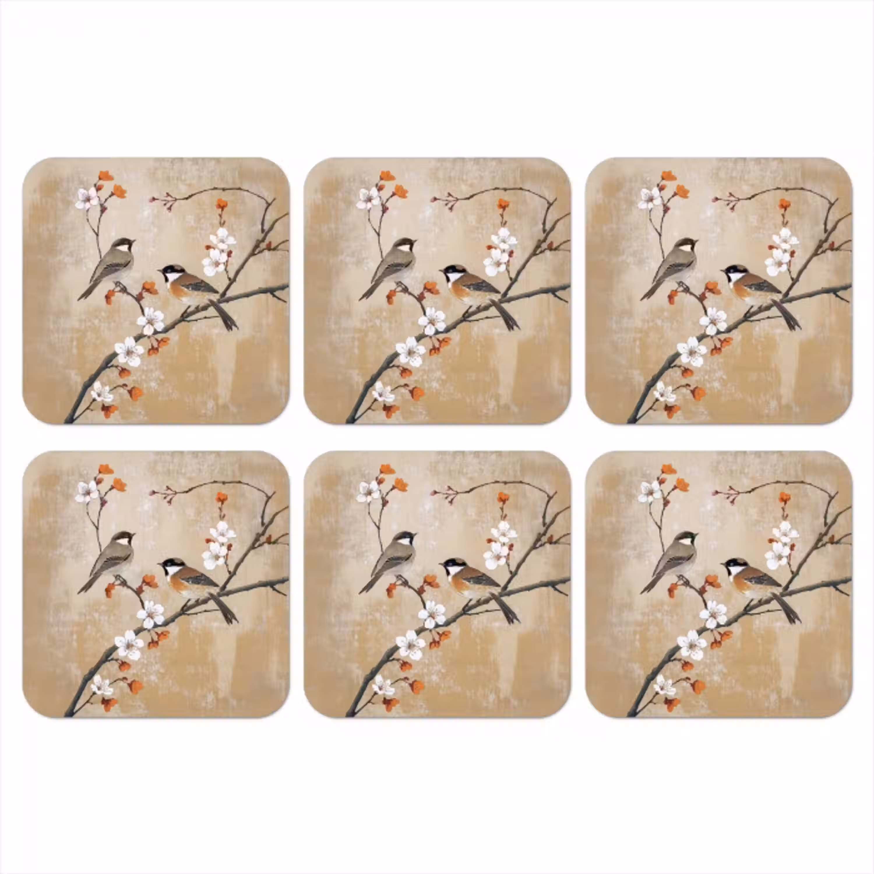 Vogels - Bloesemtak - Bloemen - Oranje onderzetter kurk middel -3d