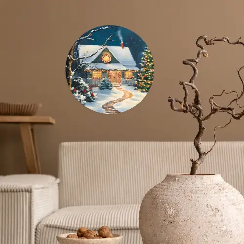 Kerst - Kerstboom - Winter - Huis - Sneeuw Wandcirkel behangsticker klein -sfeer1