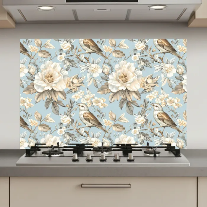 Botanisch - Zangvogel - Blauw keuken achterwand spatscherm klein 900 -3d_website