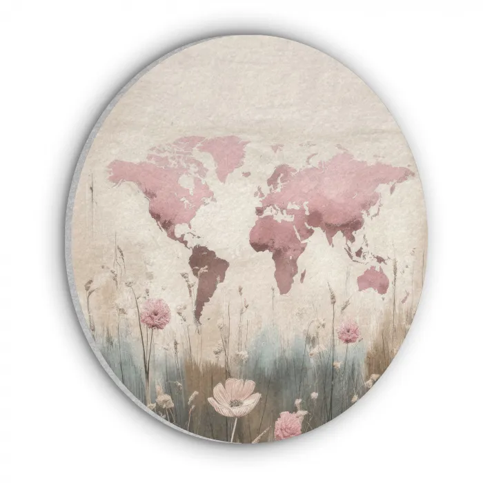 Wereldkaart - Roze - Bloemen Akoestische PET Vilt - Rond klein -3d