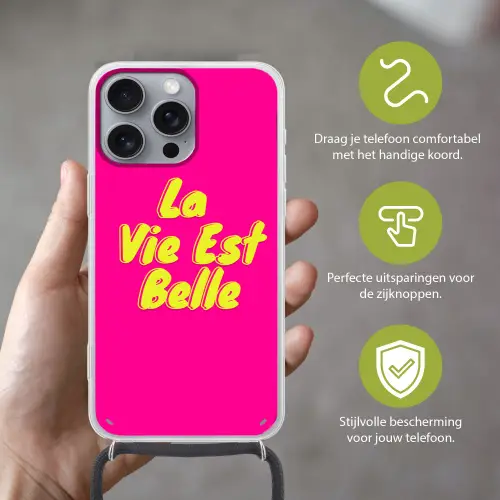 Quote - Retro - Roze Hoesje iPhone 16 Pro Max met koord klein -sfeer2_NL