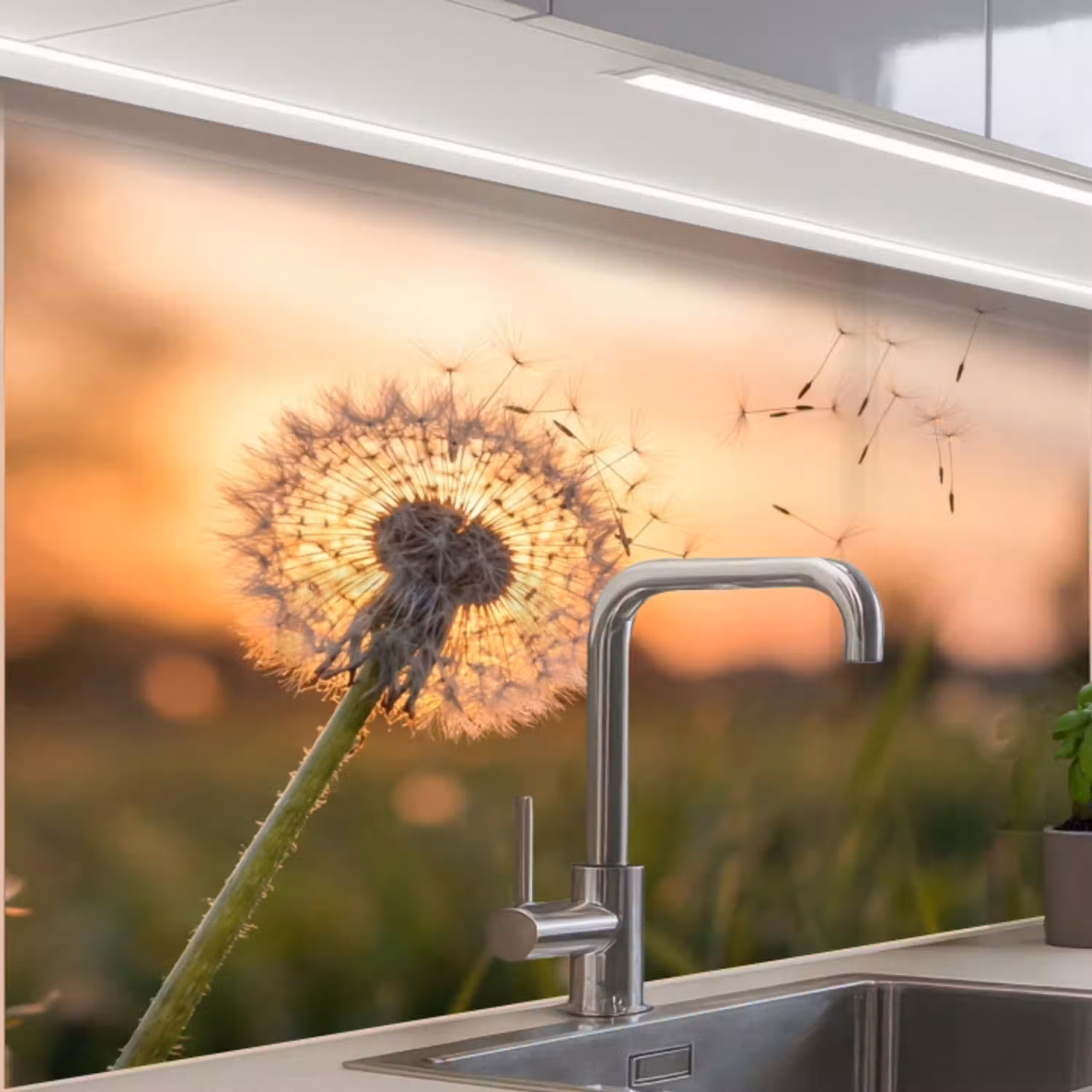 Paardenbloem - Zonsondergang - Veld keuken achterwand 2 middel -zzzz3d_schuin