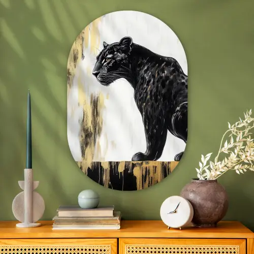 Panter - Zwart - Abstract - Goud Wandcirkel Ovaal Glas middel -sfeer2