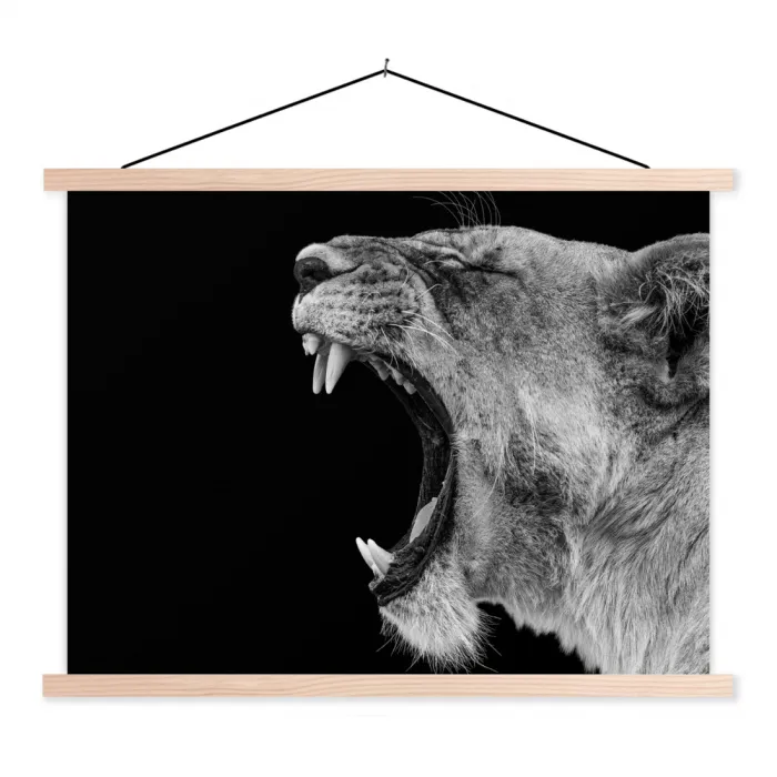 Dieren - Leeuw - Zwart - Wit - Portret textielposter latten blank klein -3d