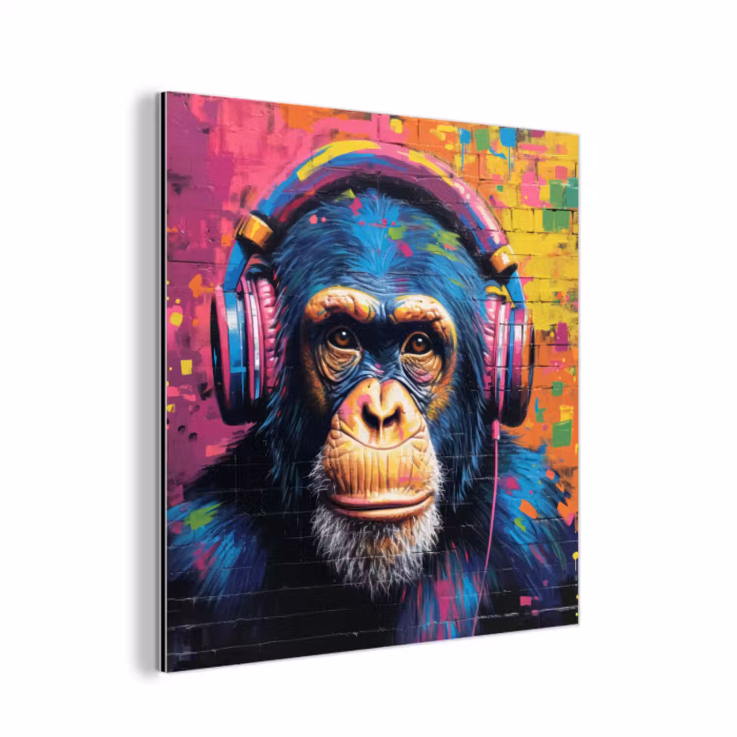 Aluminium schilderij - Graffiti - Chimpanzee - Street art - Koptelefoon - Aap