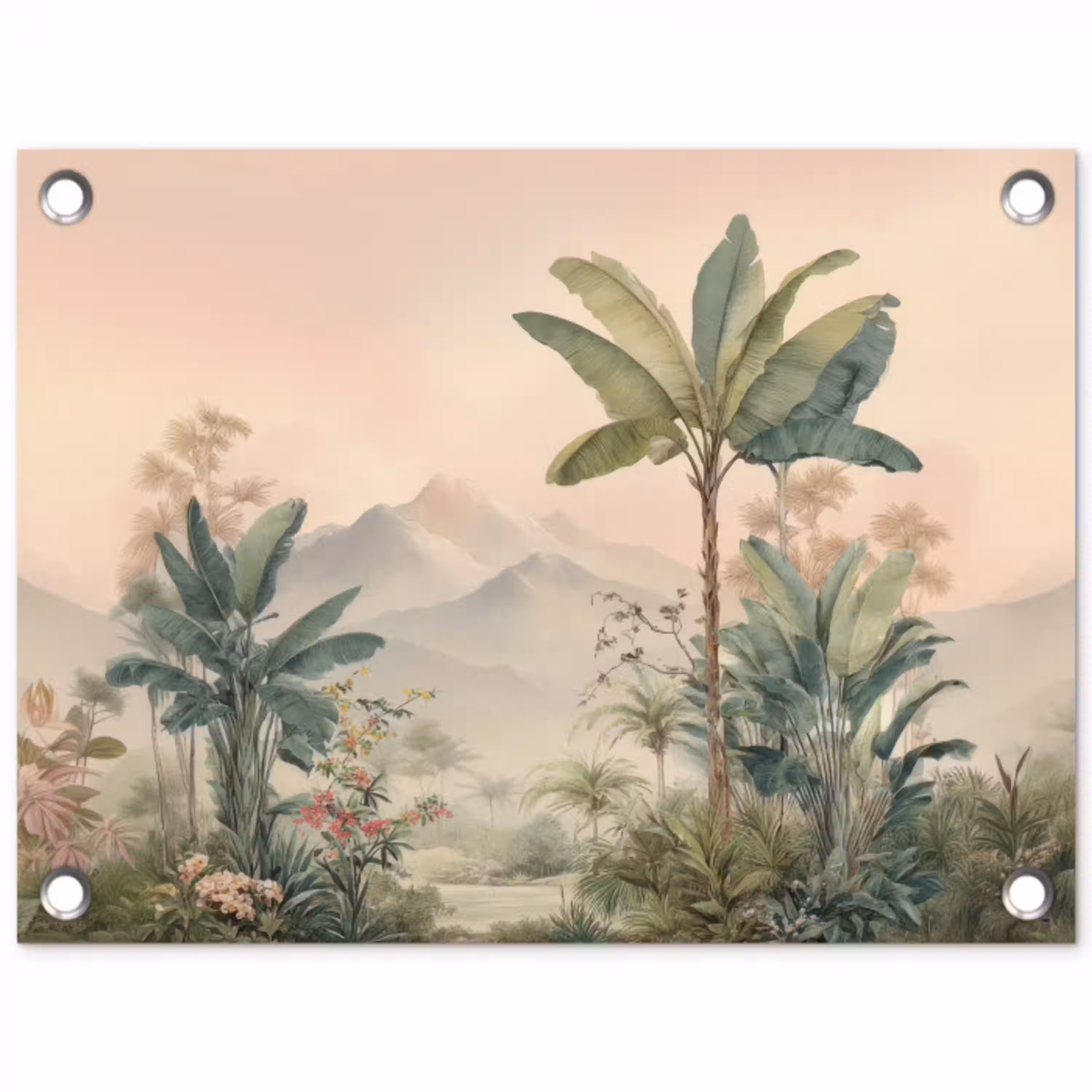 Tropisch landschap - palmbomen - Bloemen - Roze lucht tuinposter los doek klein -3d