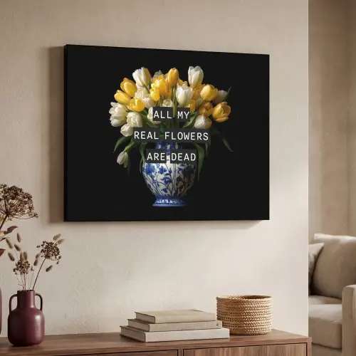 Quotes - Bloem - Tulp - Geel Textielframe zwart klein -sfeer3