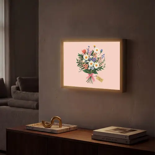 Margrieten - Boeket - Strikje - Roze Light Box met batterij (Wandlamp) middel -sfeer1