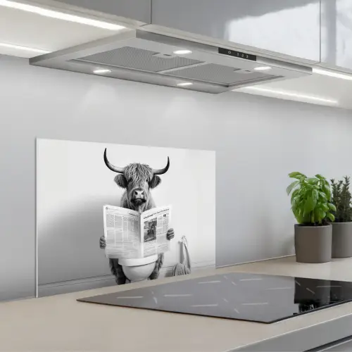 Schotse hooglander - Krant - Toilet - WC - Grijs - Wit - Koe - Horens keuken achterwand spatscherm klein -3d_schuin