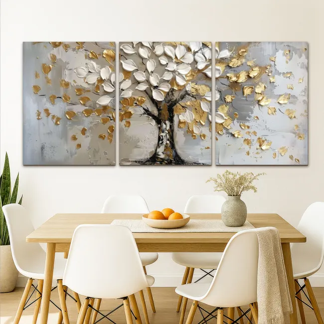 Meerluik schilderij - 3 luiken - Boom - Wit - Goud - Verflook