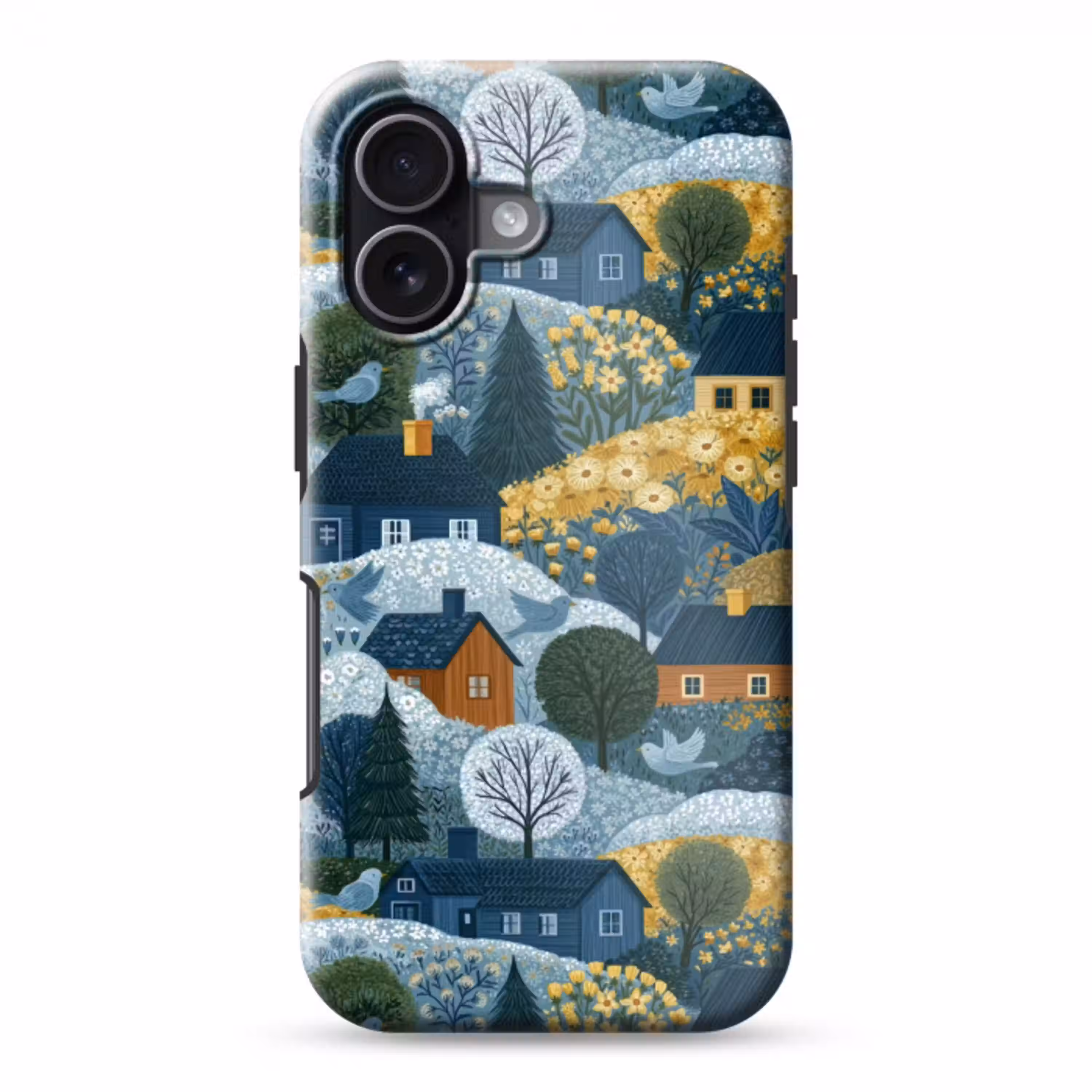 Huisjes - Bloemen - Patroon - Geel - Blauw Toughcase MagSafe Apple iPhone 17 klein 1017 -3d