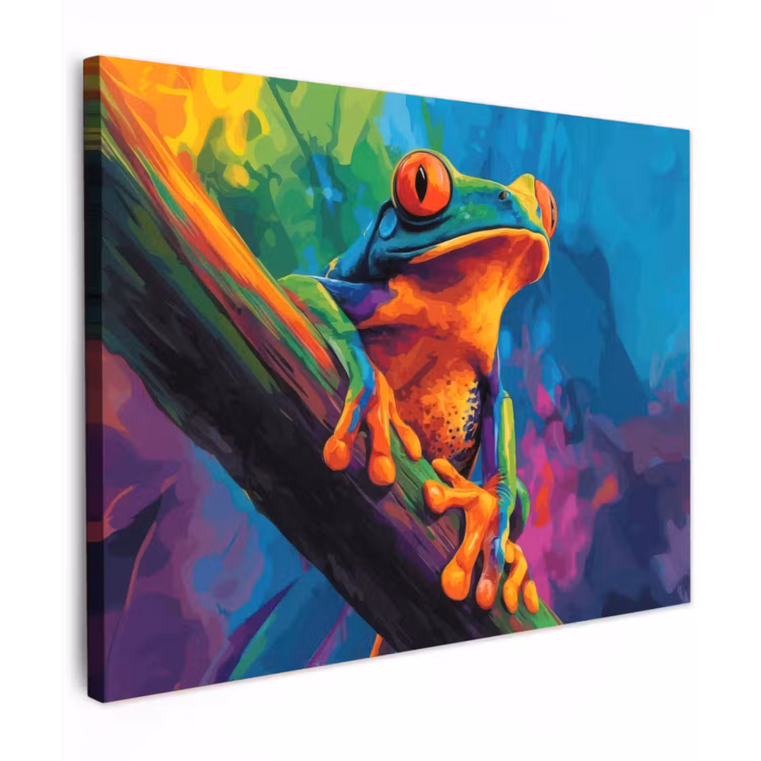 Canvas schilderij - Kikker - Felgekleurd - Tak - Regenboog