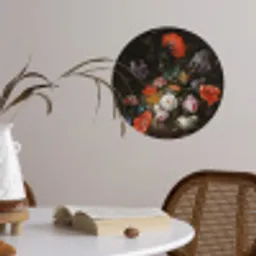 Stilleven met bloemen en een horloge - Schilderij van Abraham Mignon Wandcirkel behangsticker klein -sfeer3