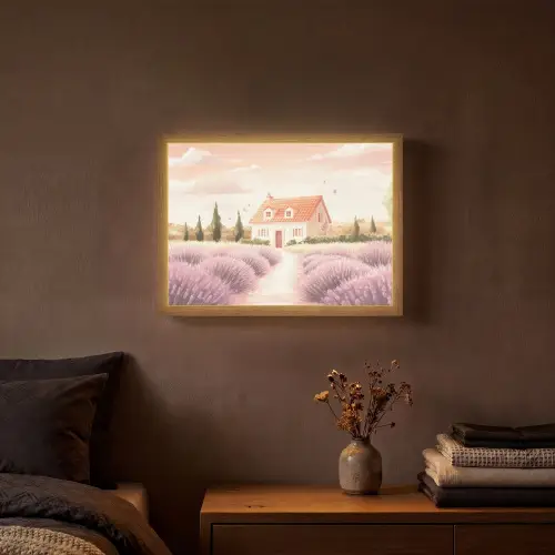 Lavendelveld - Huis - Paars Light Box met batterij (Wandlamp) middel -sfeer4