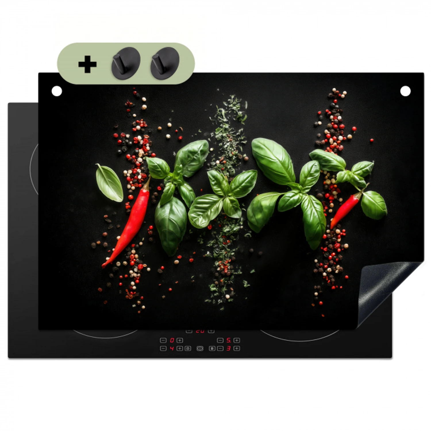 Chilipepers - Basilicum - Blaadjes - Rood Inductie beschemer met haakjes klein -3d