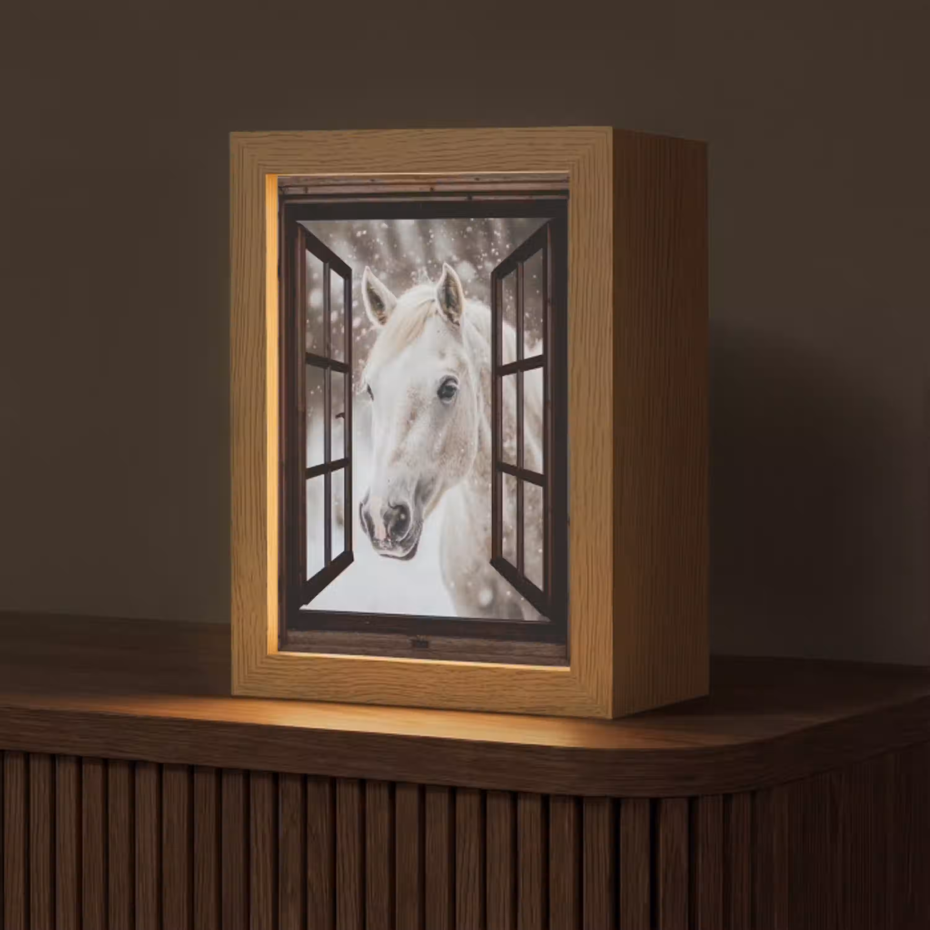 Doorkijk - Paard - Wit - Winterlandschap - Sneeuw Light Box met kabel (Tafellamp) klein -z3d_website