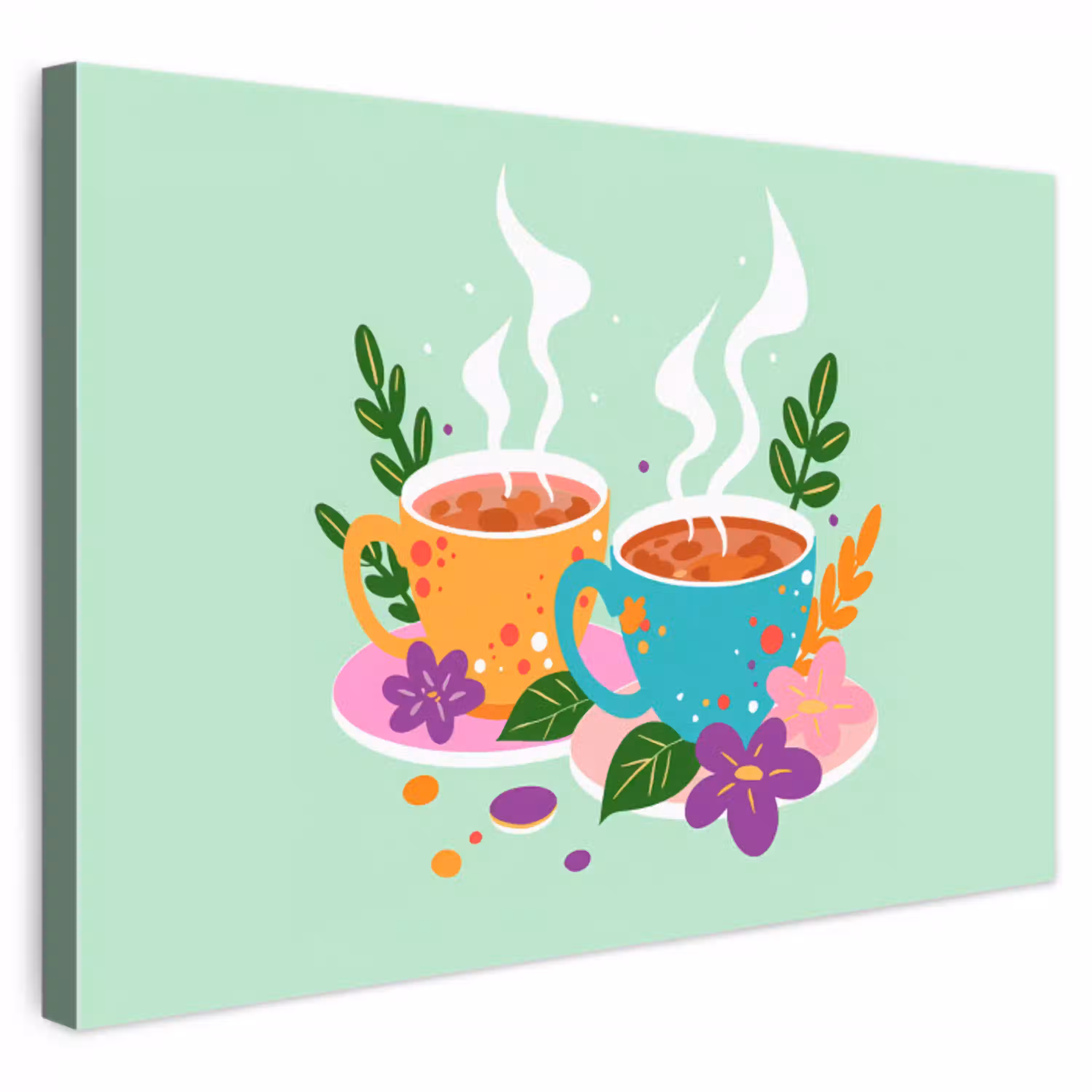 Thee - Illustratie - Kopjes - Bloemen canvas 2cm klein -3d