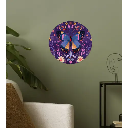 Sierlijk - Bloemen - Vlinder - Paars Wandcirkel behangsticker klein -sfeer2