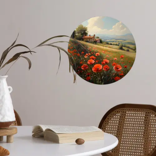 Klaprozen - Rood - Heuvels - Landschap Wandcirkel behangsticker klein -sfeer3