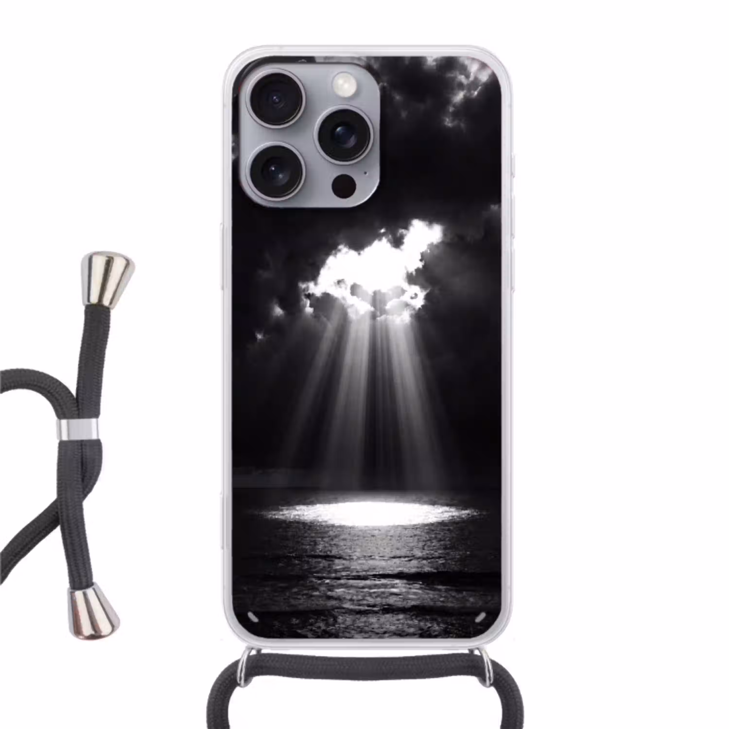 Licht - Wolken - Zee - Zwart-wit - Natuur Hoesje iPhone 16 Pro Max met koord klein -3d