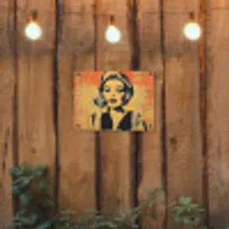 Retro - Vrouw - Koptelefoon - Oranje tuinposter los doek klein -sfeer1