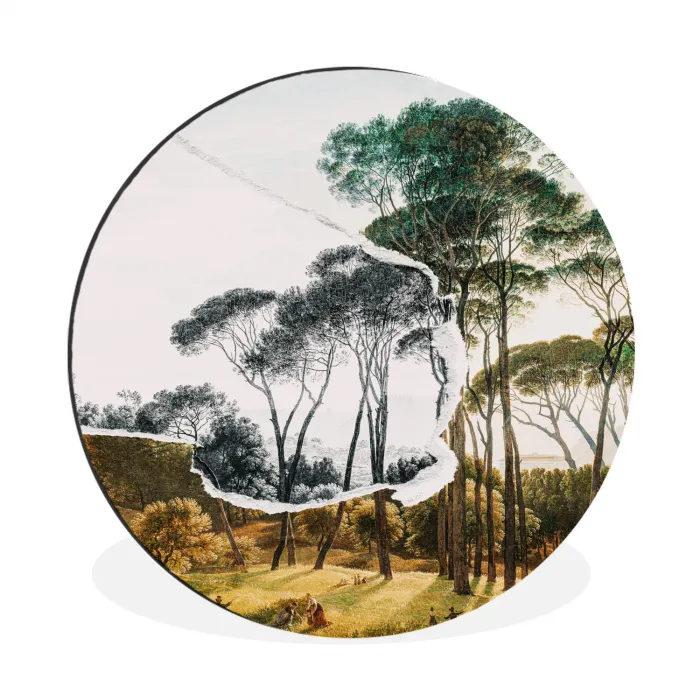 Italiaans landschap parasoldennen - Kunst - Hendrik Voogd - Schilderij - Zwart wit - Oude meesters Wandcirkel aluminium klein -3d