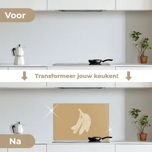 Bananen - Beige - Lijntekening - Minimalistisch keuken achterwand spatscherm klein -voor_na_NL