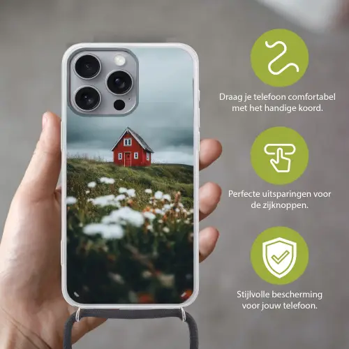 Heuvel - Huisje - Bloemen - Wit Hoesje iPhone 16 Pro Max met koord klein -sfeer2_NL